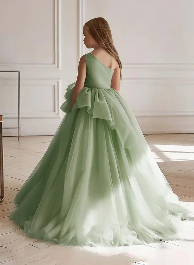 تايك تو فستان طويل بناتي شبكي أخضر بكتف واحد